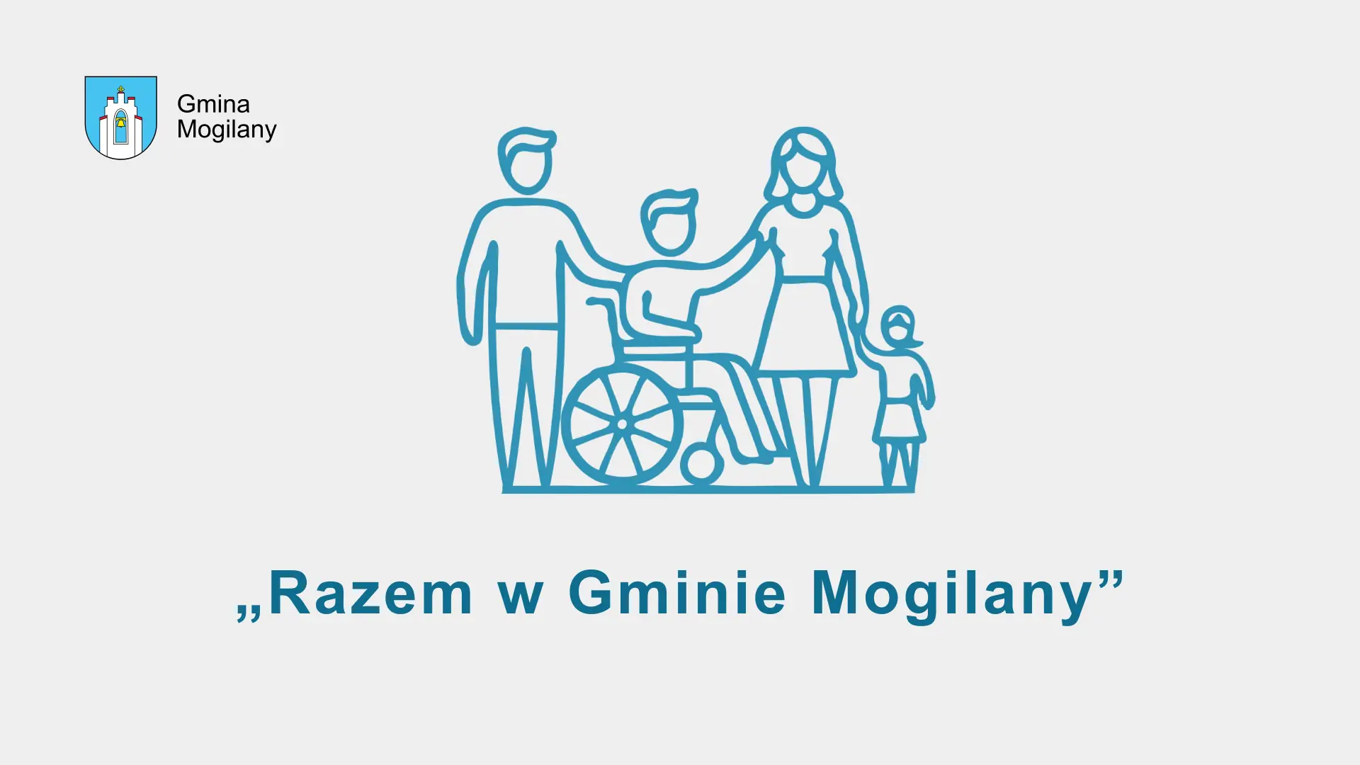 Grafika z napisem: razem w gminie Mogilany. Na grafice rodzina z osobą na wózku inwalidzkim